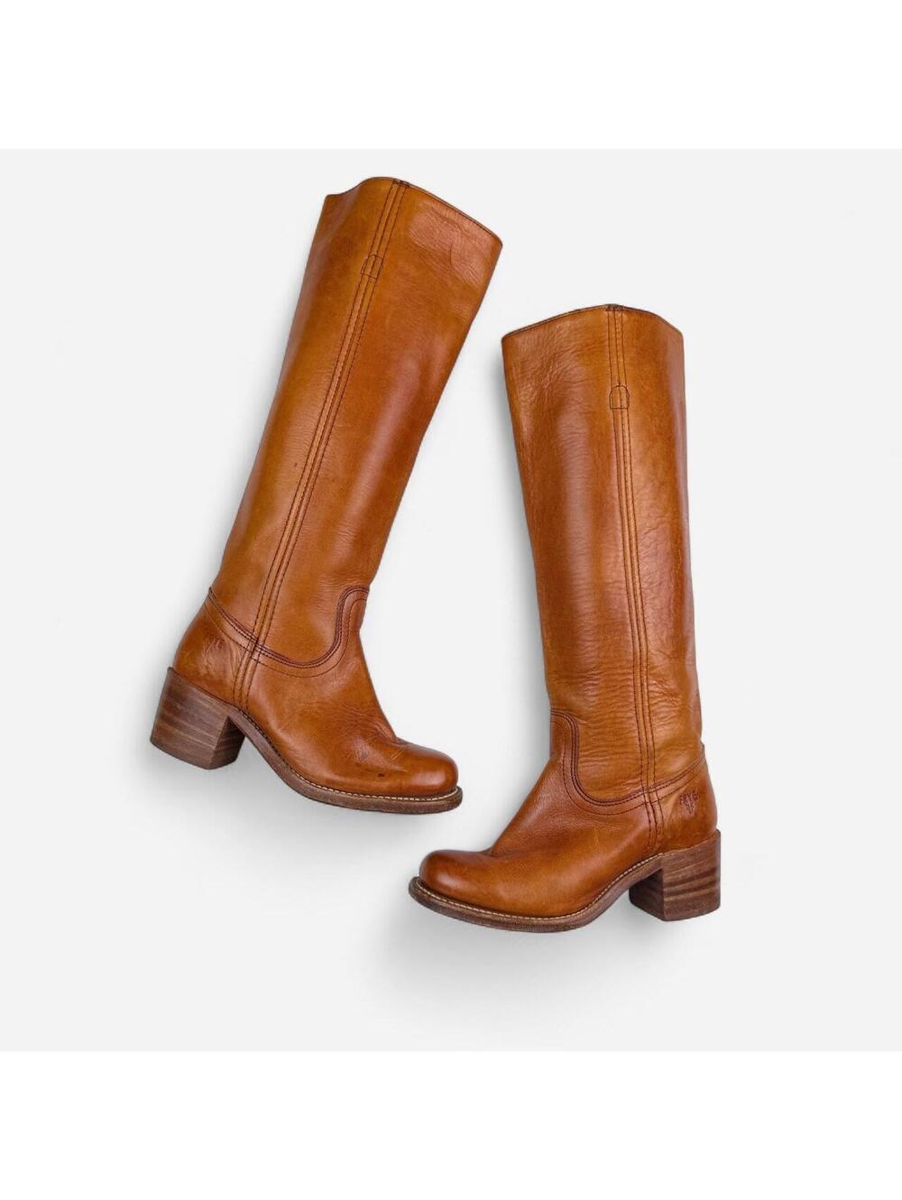 Frye 70s Campus Boots Tall Pull On Stacked Heel in Cognac Brown